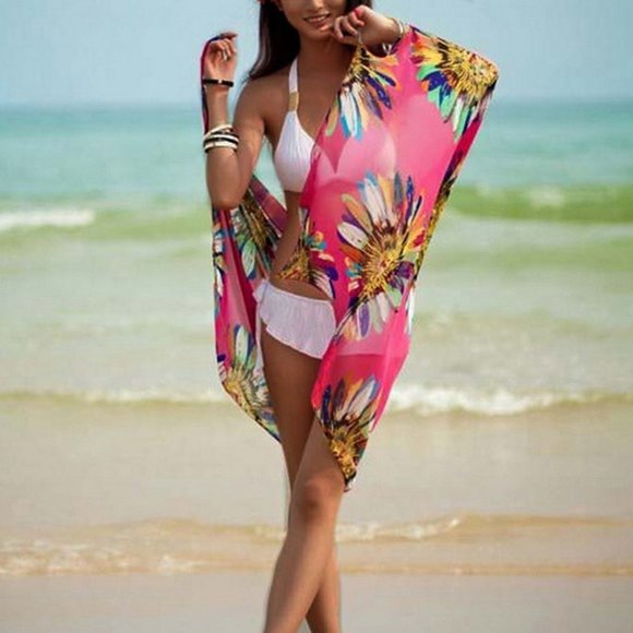 Floral Pink Beach Cover Ups-Bathing Suit Cover Wrap-Beachwear Coverups Sarong - Picture 5 of 6